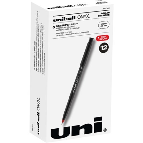 uniball Onyx Rollerball Pens - Micro Pen Point - 0.5 mm Pen Point Size - Red - Metal Tip - 1 Dozen