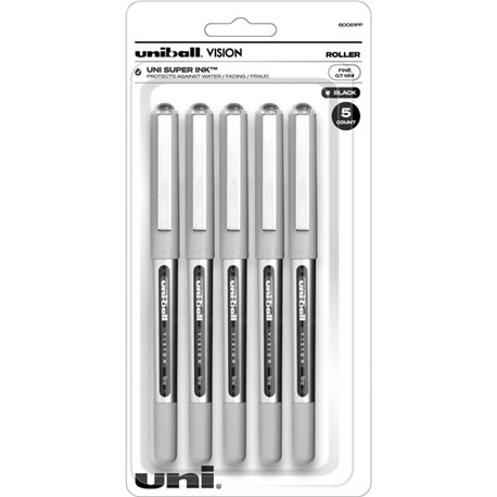 uniball Vision Rollerball Pen - Fine Pen Point - 0.7 mm Pen Point Size - Black - 5 / Pack