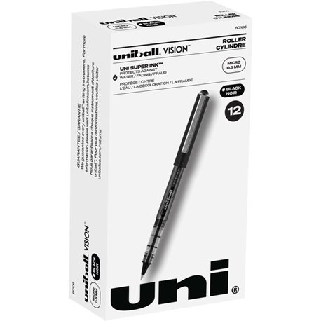 uniball Vision Rollerball Pens - Micro Pen Point - 0.5 mm Pen Point Size - Black Pigment-based Ink - 1 Dozen