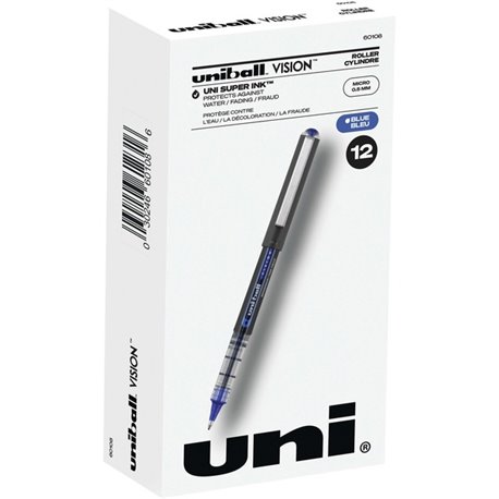 uniball Vision Rollerball Pens - Micro Pen Point - 0.5 mm Pen Point Size - Blue - 1 Dozen