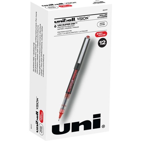 uniball Vision Rollerball Pens - Micro Pen Point - 0.5 mm Pen Point Size - Red - 1 Dozen