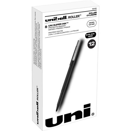 uniball Roller Rollerball Pen - Micro Pen Point - 0.5 mm Pen Point Size - Black Water Based Ink - Black Stainless Steel Barrel -