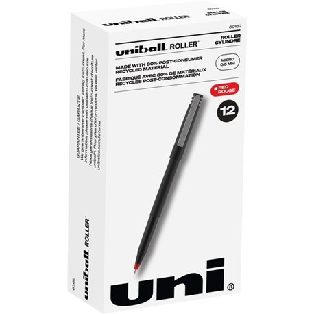 uniball Roller Rollerball Pen - Micro Pen Point - 0.5 mm Pen Point Size - Red Water Based Ink - Black Stainless Steel Barrel - 1