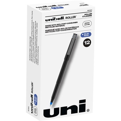 uniball Roller Rollerball Pen - Micro Pen Point - 0.5 mm Pen Point Size - Blue Water Based Ink - Black Stainless Steel Barrel - 