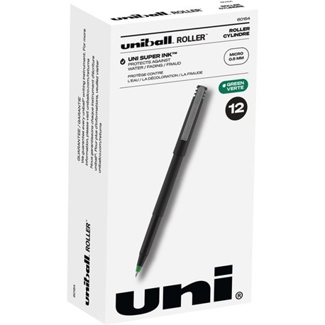 uniball Roller Rollerball Pen - Micro Pen Point - 0.5 mm Pen Point Size - Green - Black Stainless Steel Barrel - 1 Dozen