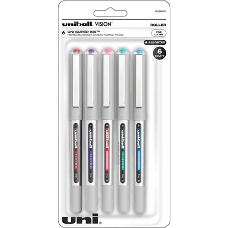 uniball Vision Rollerball Pens - Fine Pen Point - 0.7 mm Pen Point Size - Red, Brilliant Blue, Evergreen, Pink, Purple - 5 / Pac