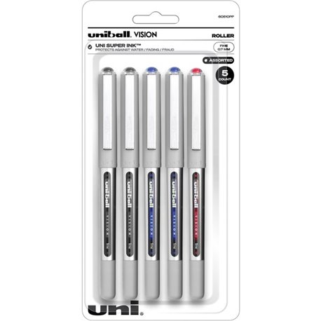 uniball Vision Rollerball Pen - Fine Pen Point - 0.7 mm Pen Point Size - Black, Blue, Red - 5 / Pack