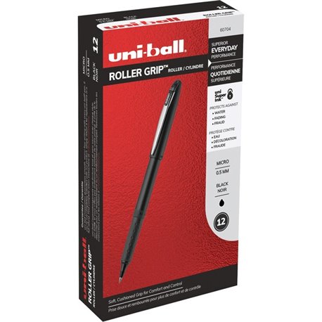 uniball Roller Grip Rollerball Pen - Micro Pen Point - 0.5 mm Pen Point Size - Black - 1 Dozen