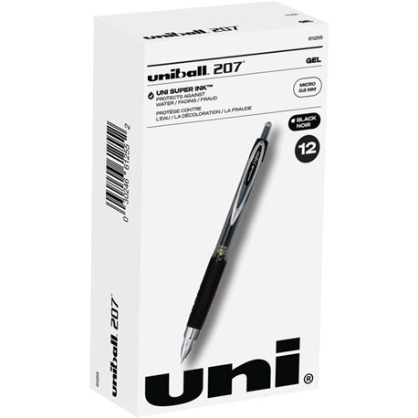 uniball 207 Gel Pen - Micro Pen Point - 0.5 mm Pen Point Size - Refillable - Retractable - Black Pigment-based Ink - 1 Dozen