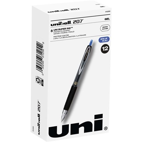 uniball 207 Gel Pen - Micro Pen Point - 0.5 mm Pen Point Size - Refillable - Retractable - Blue Pigment-based Ink - 1 Dozen