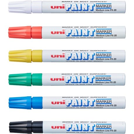 uni uni-Paint PX-20 Oil-Based Paint Marker - Medium Marker Point - Assorted, Blue, Red, Green, Yellow, Black Oil Based Ink - Whi