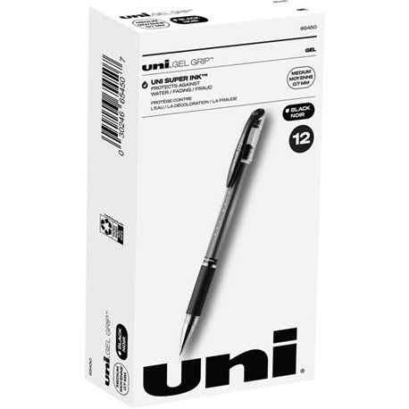 uniball Gel Grip Pens - Medium Pen Point - 0.7 mm Pen Point Size - Black Gel-based Ink - 1 Dozen