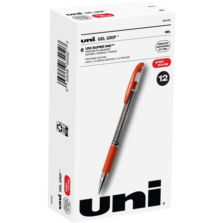 uniball Gel Grip Pens - Medium Pen Point - 0.7 mm Pen Point Size - Red Gel-based Ink - 1 Dozen