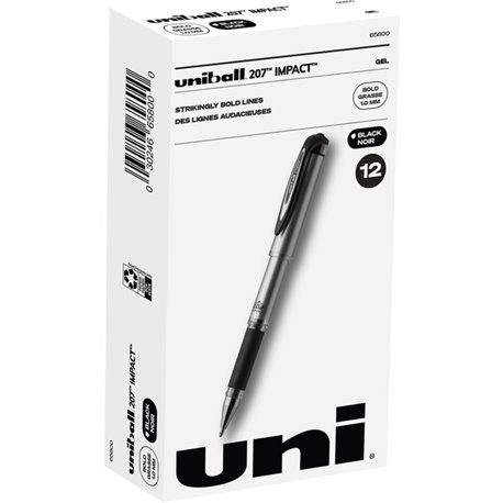 uniball 207 Impact Gel Pen - Bold Pen Point - 1 mm Pen Point Size - Refillable - Black Gel-based Ink - Silver Barrel - 1 Dozen