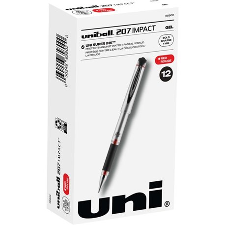 uniball 207 Impact Gel Pen - Bold Pen Point - 1 mm Pen Point Size - Refillable - Red Gel-based Ink - Silver Barrel - 1 Dozen