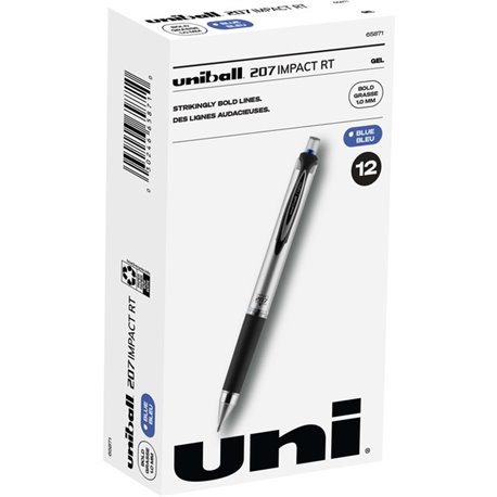 uniball 207 Impact RT Gel Pens - Bold Pen Point - 1 mm Pen Point Size - Refillable - Retractable - Blue Gel-based Ink - Metallic