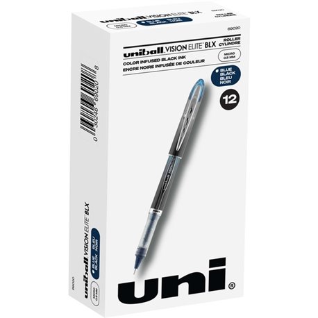 uniball Vision Elite BLX Rollerball Pen - Micro Pen Point - 0.5 mm Pen Point Size - Black/Blue Pigment-based Ink - 1 Dozen