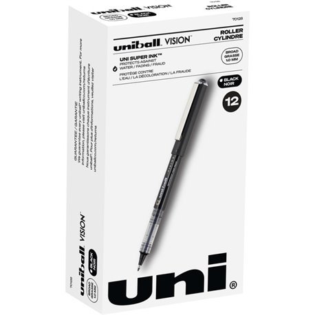 uniball Vision Rollerball Pen - Broad Pen Point - 1 mm Pen Point Size - Black - Black Barrel - 1 Box