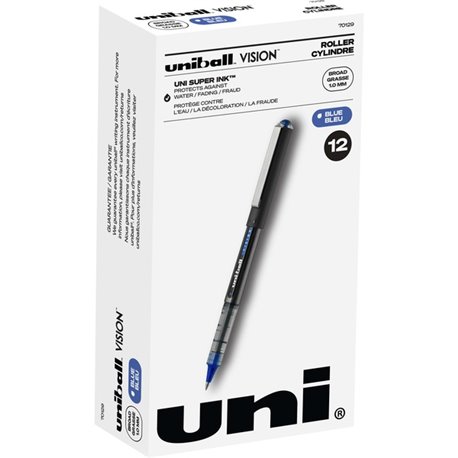 uniball Vision Rollerball Pen - Broad Pen Point - 1 mm Pen Point Size - Blue - Black, Blue Barrel - 1 Box