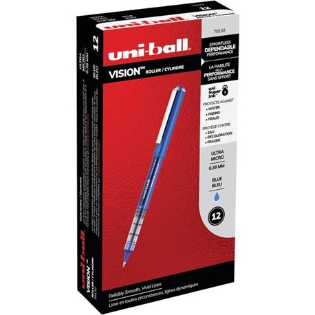 uniball Vision Rollerball Pen - Ultra Micro Pen Point - 0.38 mm Pen Point Size - Blue - 1 Box