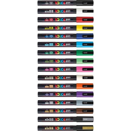 uni Posca PC-3M Paint Markers - Fine Marker Point - Multicolor Water Based, Pigment-based Ink - 16 / Pack