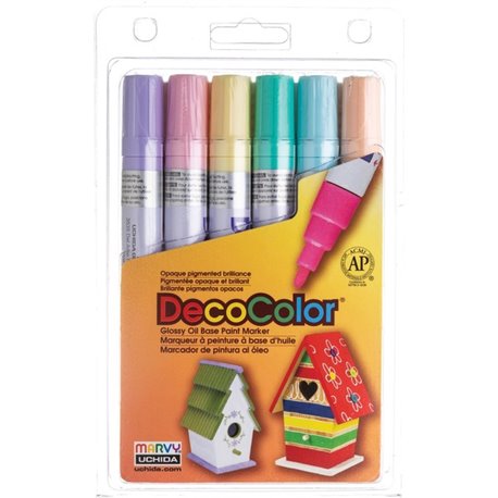 Marvy DecoColor Glossy Oil Base Paint Markers - Broad Marker Point - Pale Violet, Cream Yellow, Pale Blue, Pastel Peach, Pepperm