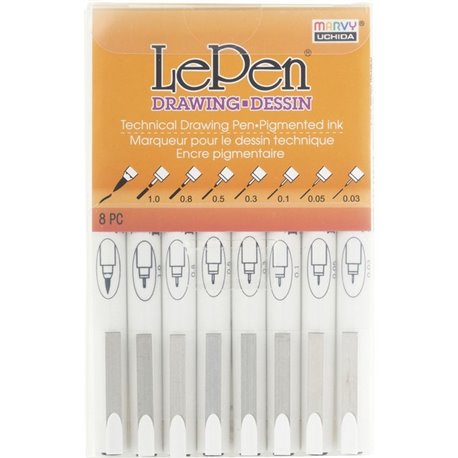 Marvy LePen Technical Drawing Pen Set - 0.08 mm, 0.5 mm, 0.1 mm, 0.05 mm, 0.03 mm, 1 mm, 0.3 mm Pen Point Size - Brush Pen Point