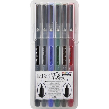 Marvy LePen Flex Brush Tip Pen Set - Brush Pen Point Style - Black, Red, Blue, Green, Brown, Dark Gray - Black, Red, Blue, Green