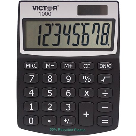 Victor 1000 Mini Desktop Calculator - Large LCD, Battery Backup, Independent Memory, Plastic Key, Dual Power - 0.71" - 8 Digits 