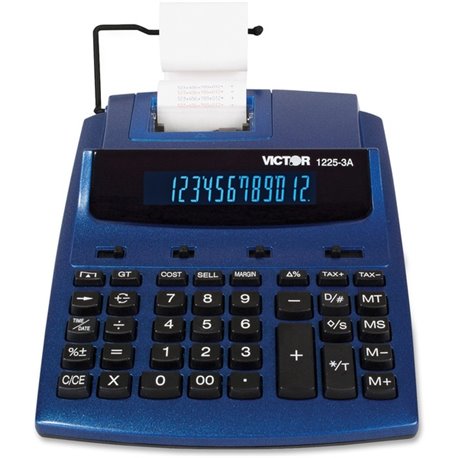 Victor 1225-3A 12 Digit Commercial Printing Calculator - Dual Color Print - 3 lps - Big Display, Clock, Date - 0.75" - 12 Digits