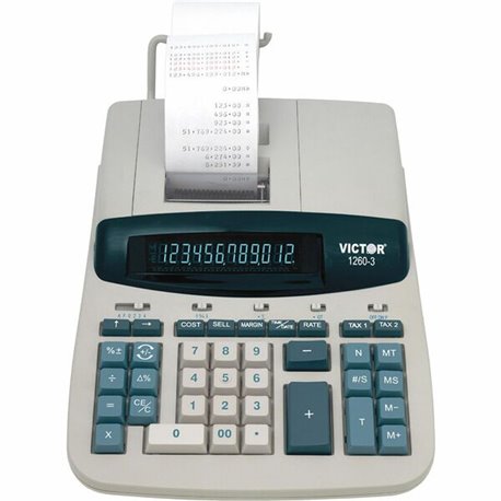 Victor 1260-3 12 Digit Heavy Duty Commercial Printing Calculator - 4.6 LPS - Clock, Date, Independent Memory, Item Count, 4-Key 