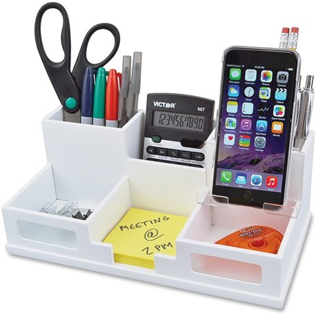 Victor W9525 Pure White Desk Organizer with Smart Phone Holder - 6 Compartment(s) - 4.0" Height x 5.5" Width x 10.4" Depth - Whi