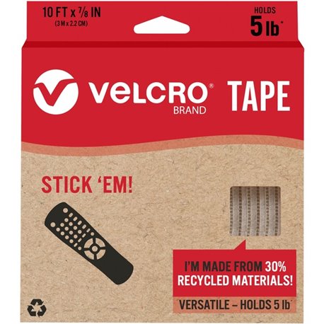 VELCRO Eco Collection Adhesive Backed Tape - 10 ft Length x 0.88" Width - 1 Each - White