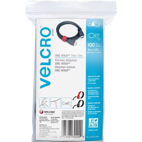 VELCRO Reusable Thin Straps - Fabric, Nylon - 100 / Pack - Black, Red