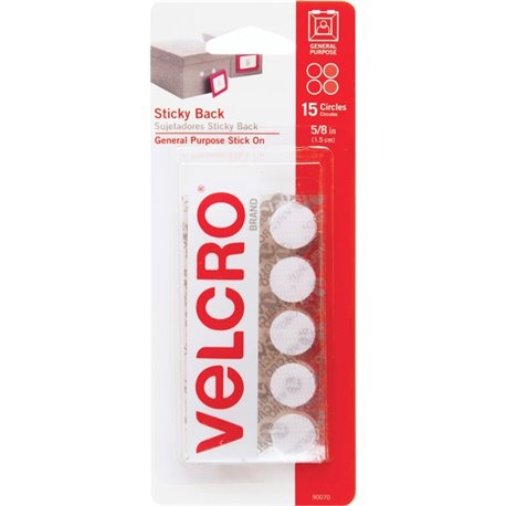 VELCRO 90070 General Purpose Sticky Back - 0.62" Length x 0.62" Width - For Glass, Plastic, Metal - 15 / Pack - White