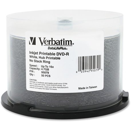 Verbatim DataLifePlus 95079 DVD Recordable Media - DVD-R - 16x - 4.70 GB - 50 Pack Spindle - White - 120mm - Printable - Inkjet 