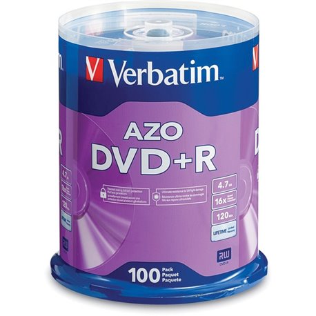 Verbatim 95098 DVD Recordable Media - DVD+R - 16x - 4.70 GB - 100 Pack Spindle - Silver - 120mm - 2 Hour Maximum Recording Time