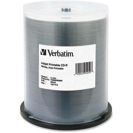 Verbatim 95252 CD Recordable Media - CD-R - 52x - 700 MB - 100 Pack Spindle - White - 120mm - Printable - Inkjet Printable - 133