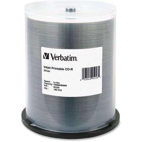 Verbatim 95256 CD Recordable Media - CD-R - 52x - 700 MB - 100 Pack Spindle - Silver - 120mm - Printable - Inkjet Printable - 1.