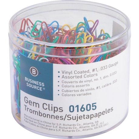 Business Source Vinyl-coated Gem Clips - Small - No. 1 - 1.8" Length x 0.5" Width - for Paper - Rust Resistant - 500 / Box - Ass