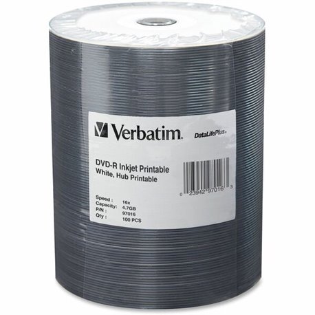 Verbatim 97016 DVD Recordable Media - DVD-R - 16x - 4.70 GB - 100 Pack Wrap - White - Inkjet Printable