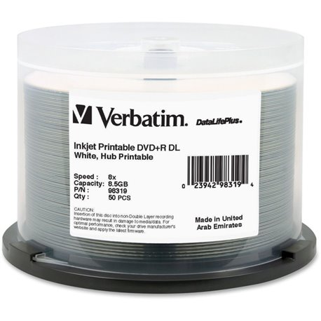 Verbatim DataLifePlus DVD Recordable Media - DVD+R DL - 8x - 8.50 GB - 50 Pack Spindle - White - 120mm - Double-layer Layers - P