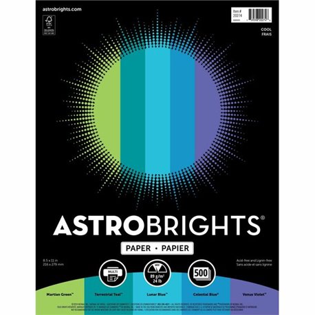 Astrobrights Color Copy Paper - "Cool" , 5 Assorted Colours - Letter - 8 1/2" x 11" - 24 lb Basis Weight - 500 / Ream - Acid-fre