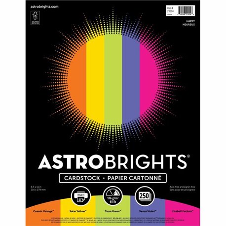 Astrobrights Color Card Stock "Happy" , 5 Assorted Colours - Letter - 8 1/2" x 11" - 65 lb Basis Weight - 250 / Pack - Acid-free