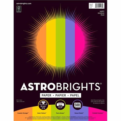 Astrobrights Color Copy Paper "Happy" , 5 Assorted Colours - Letter - 8 1/2" x 11" - 24 lb Basis Weight - 500 / Ream - Acid-free