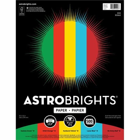 Astrobrights Color Paper - Assorted - Letter - 8 1/2" x 11" - 24 lb Basis Weight - 500 / Ream - Green Seal - Acid-free, Lignin-f