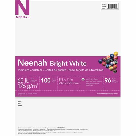 Neenah Bright White Cardstock - Letter - 8 1/2" x 11" - 65 lb Basis Weight - Smooth - 100 / Pack - Acid-free, Lignin-free - Brig