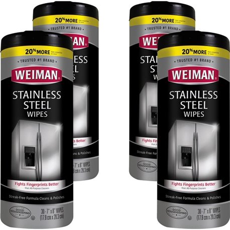 Weiman Stainless Steel Wipes - 30 / Canister - 4 / Carton - Streak-free, Fingerprint Resistant, Dust Resistant, Dirt Resistant, 