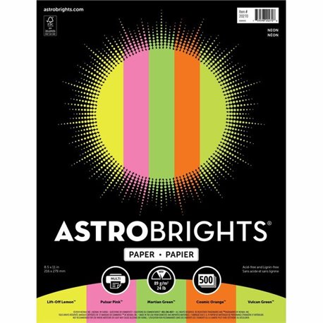 Astrobrights Color Copy Paper - "Neon" ,  5 Assorted Colours - Letter - 8 1/2" x 11" - 24 lb Basis Weight - 500 / Ream - Green S