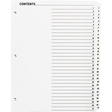 Business Source Table of Content Quick Index Dividers - Printed Tab(s) - Digit - 1-31 - 31 Tab(s)/Set - 8.5" Divider Width x 11"